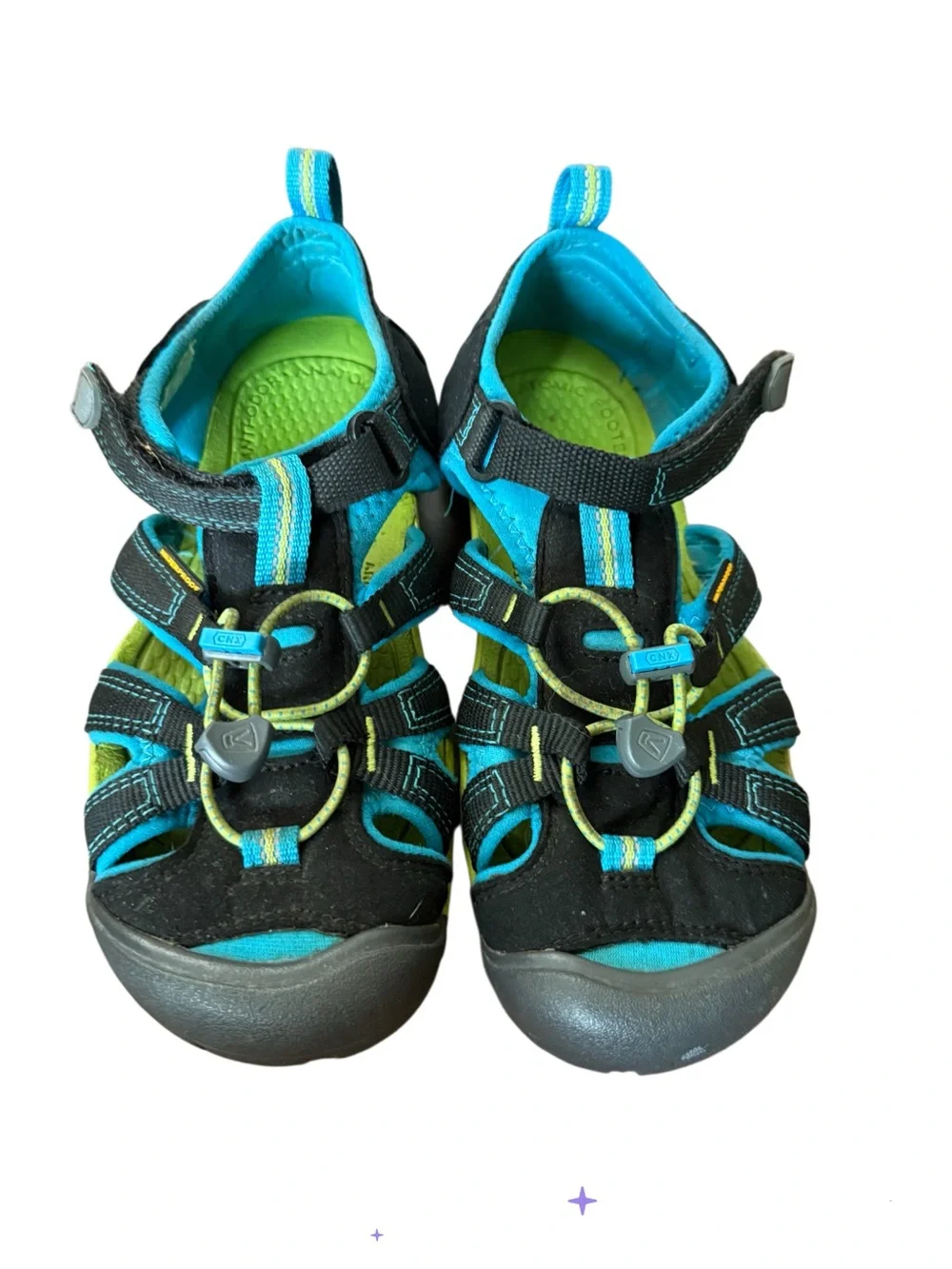 Keen Kids’ Sea Camp II Black Sandals with Teal and Lime Accents-Size 4